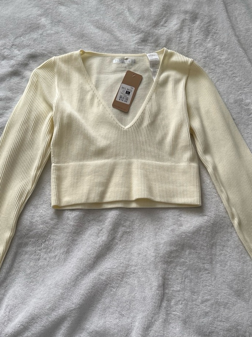Forever 21 Ribbed V-Neck Cropped Sweater Top - Cream